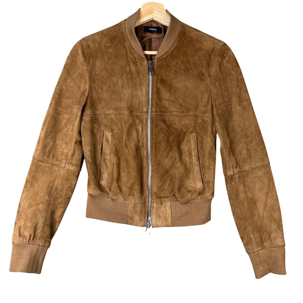 Theory Renna Suede Lamb Leather Bomber Jacket Brown Small Full Zip Pocket - Picture 2 of 9